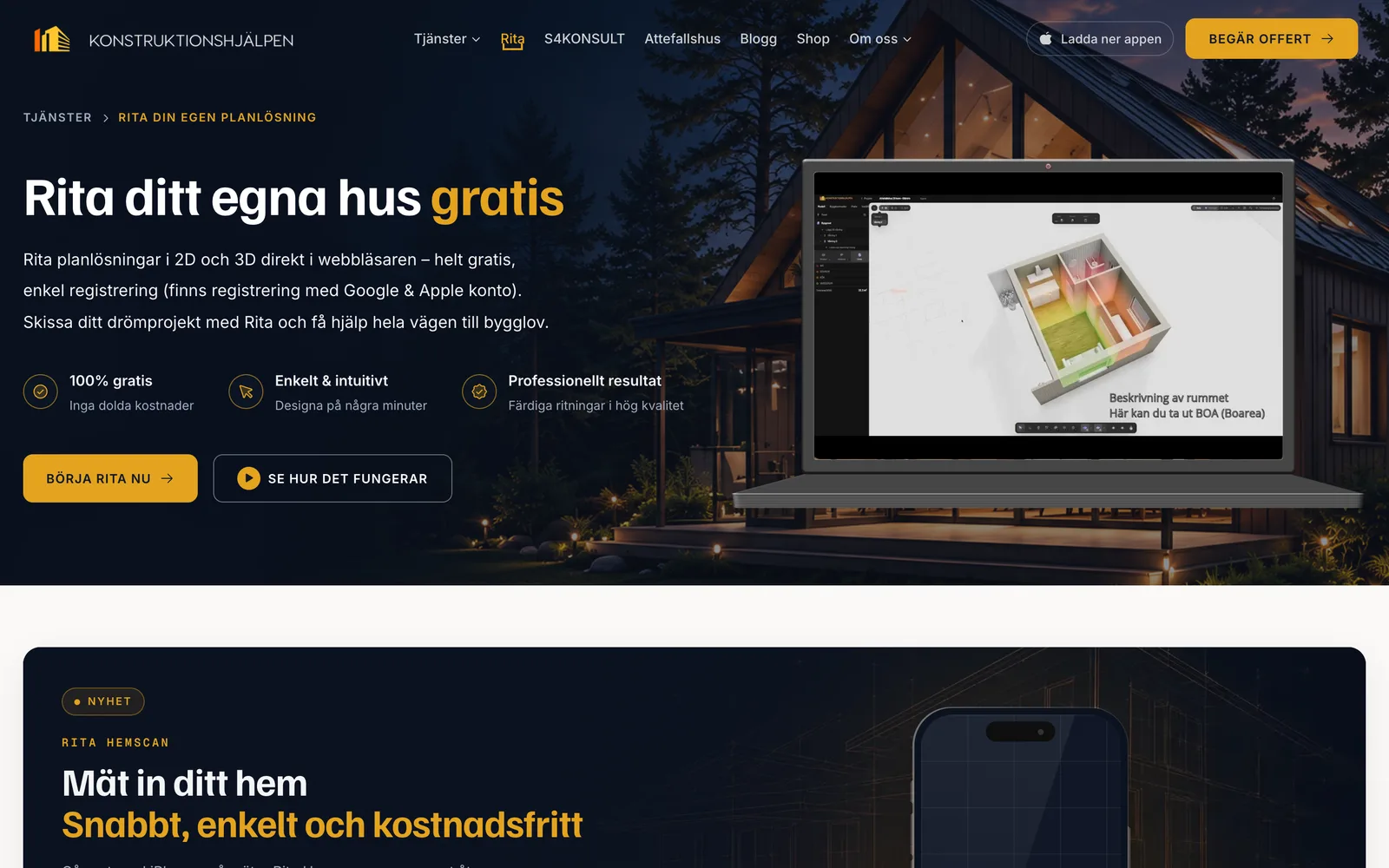 Rita landing page showing the browser-based 2D and 3D floor-plan editor
