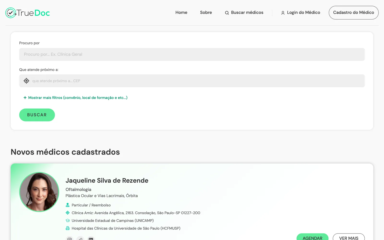 TrueDoc doctor search page with specialty, location, and insurance filters