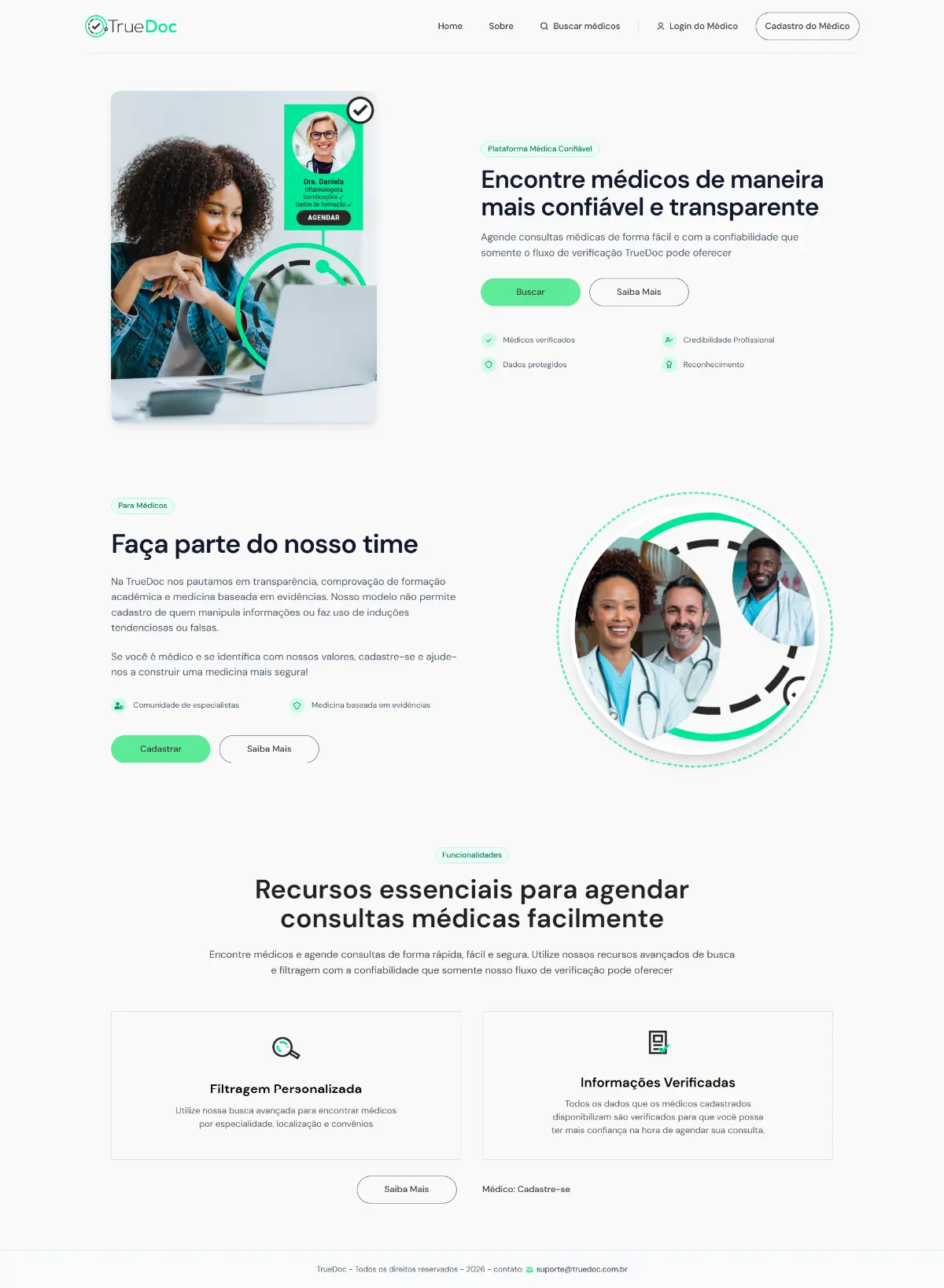Full page screenshot of TrueDoc website featuring verified doctor search and evidence-based medical consultation platform